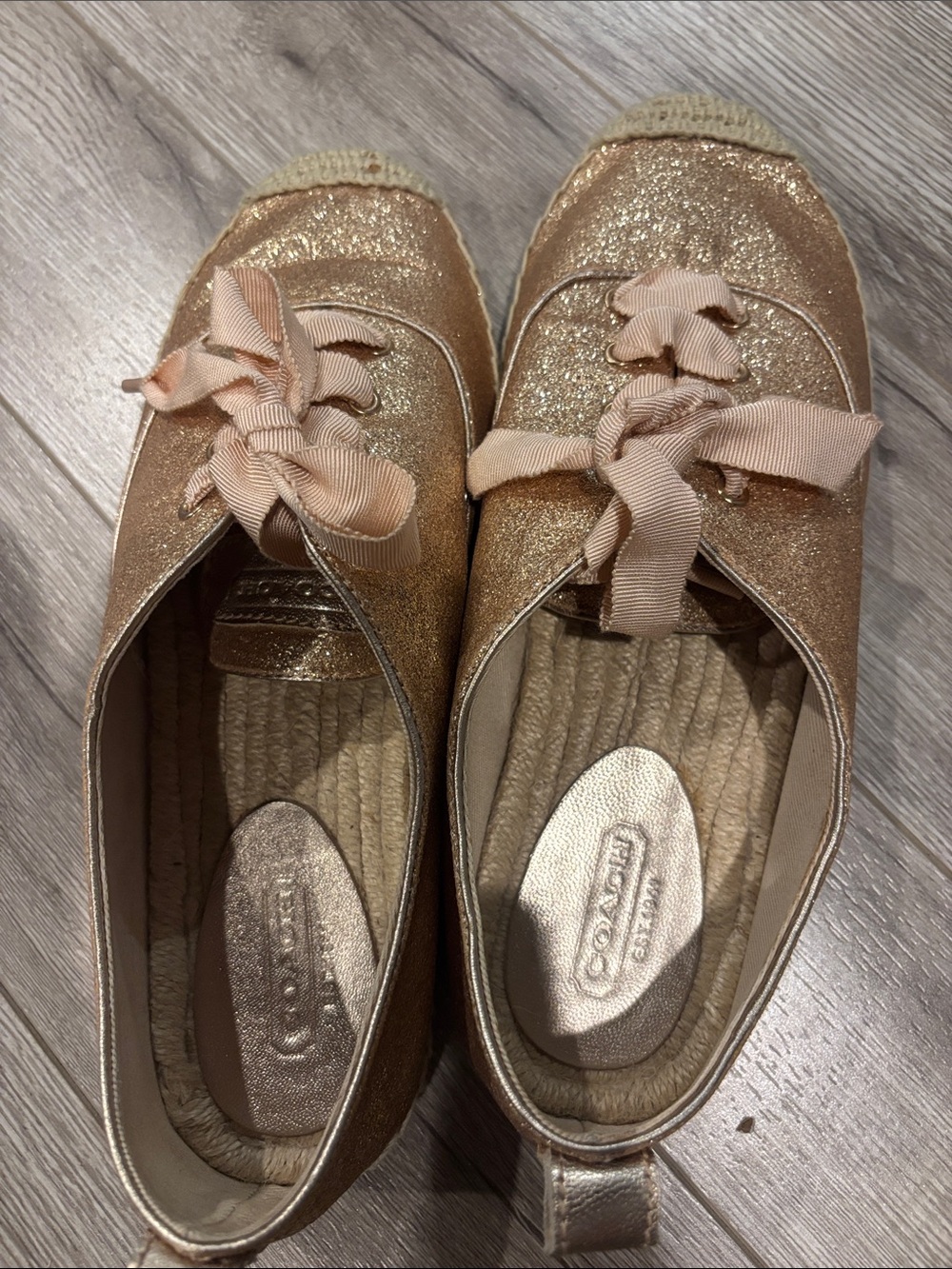 Coach Metallic Gold Glitter Espadrilles with Ribbon Ties